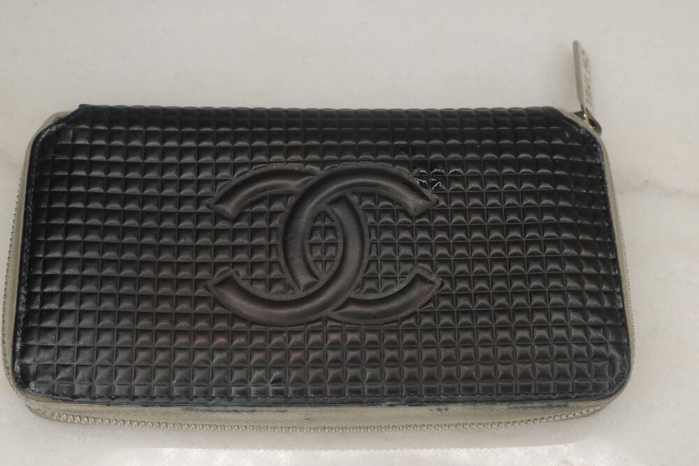 CHANEL Black Embossed CC Zip Around Long Wallet Silver Interior